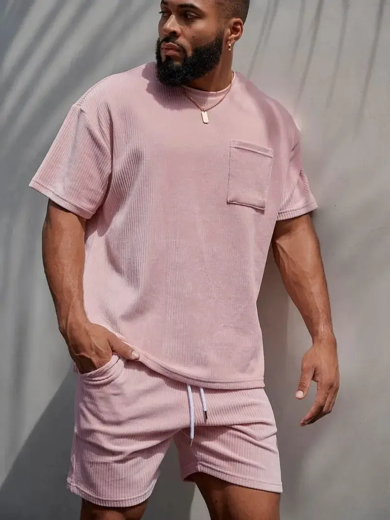 2024 Summer Men's Corduroy Tracksuit 2-Piece Set – Short Sleeve T-Shirt & Shorts for Gym, Fitness, Sports
