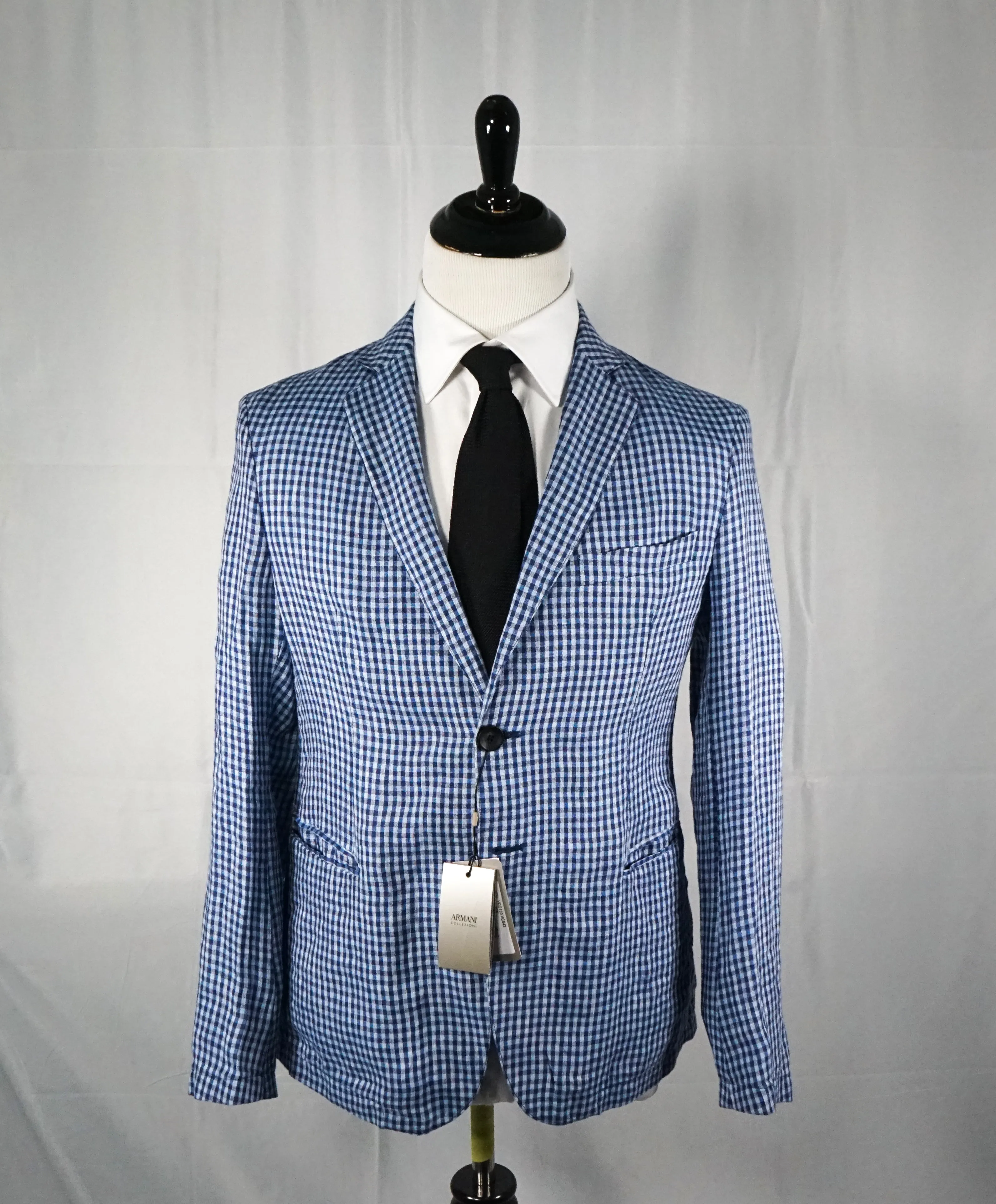 ARMANI COLLEZIONI - Blue & Navy Plaid Check Ultra Light Linen Blazer - 38R