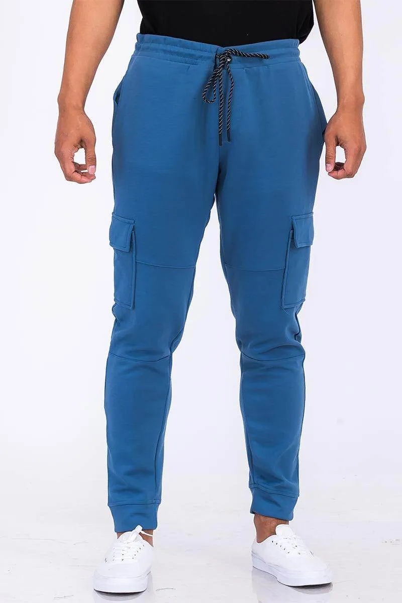 Blue Cotton Blend Cargo Joggers
