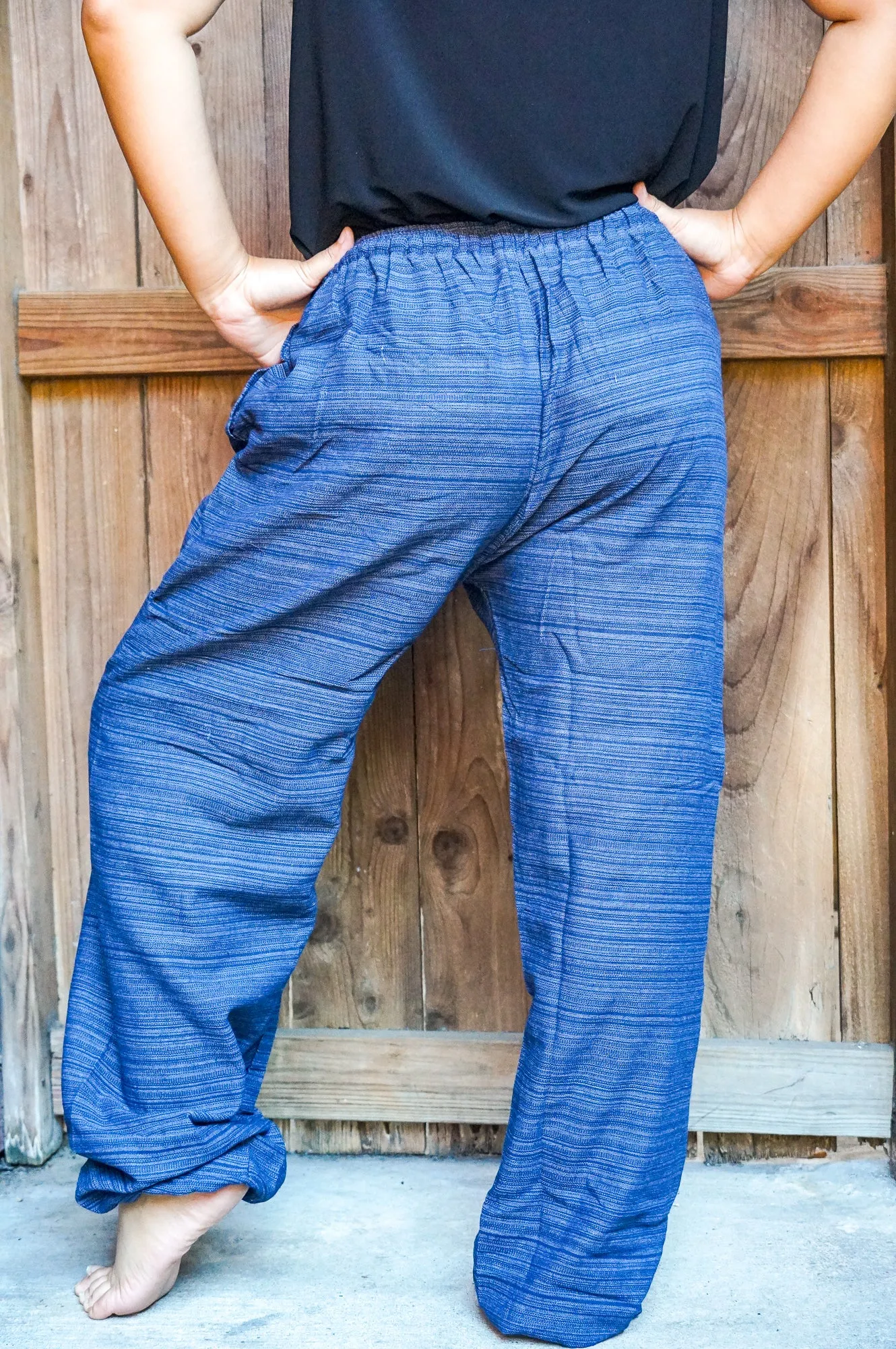 Bohemian Drawstring Slubbed Harem Pants- Medium Blue
