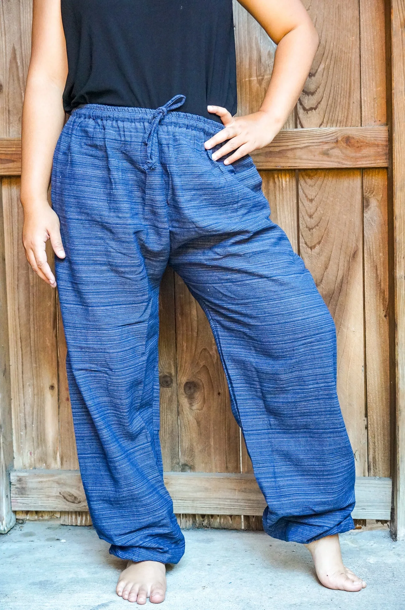 Bohemian Drawstring Slubbed Harem Pants- Medium Blue