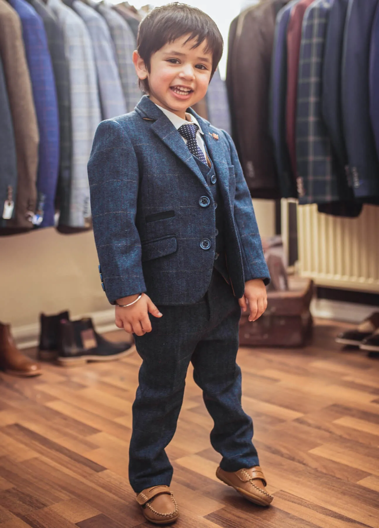 Boys Carnegi Tweed Navy Blue Suit - Luxe Range