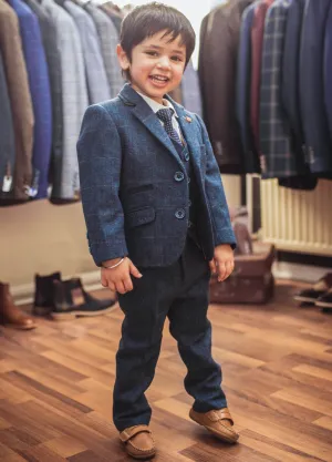Boys Carnegi Tweed Navy Blue Suit - Luxe Range