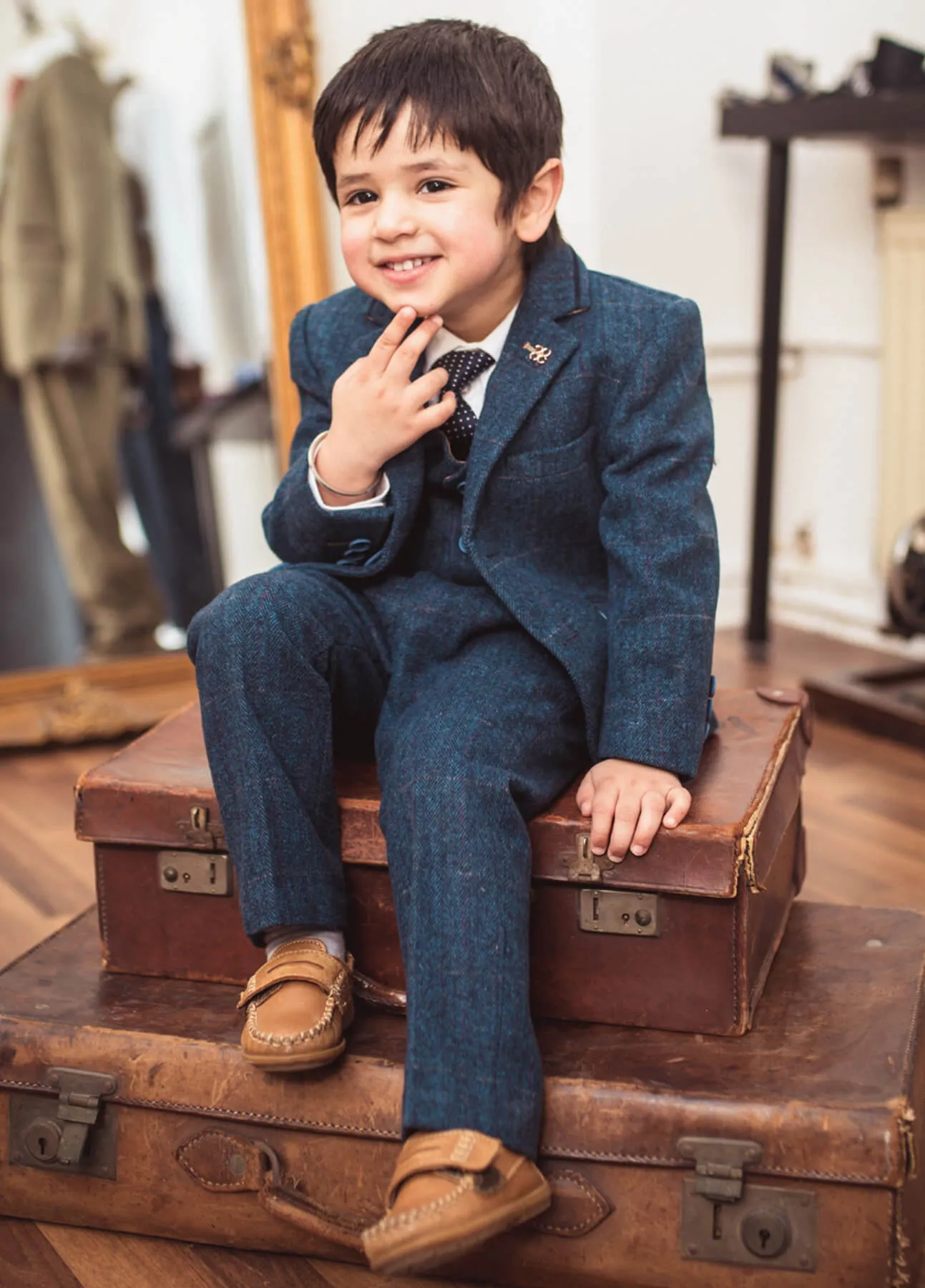 Boys Carnegi Tweed Navy Blue Suit - Luxe Range