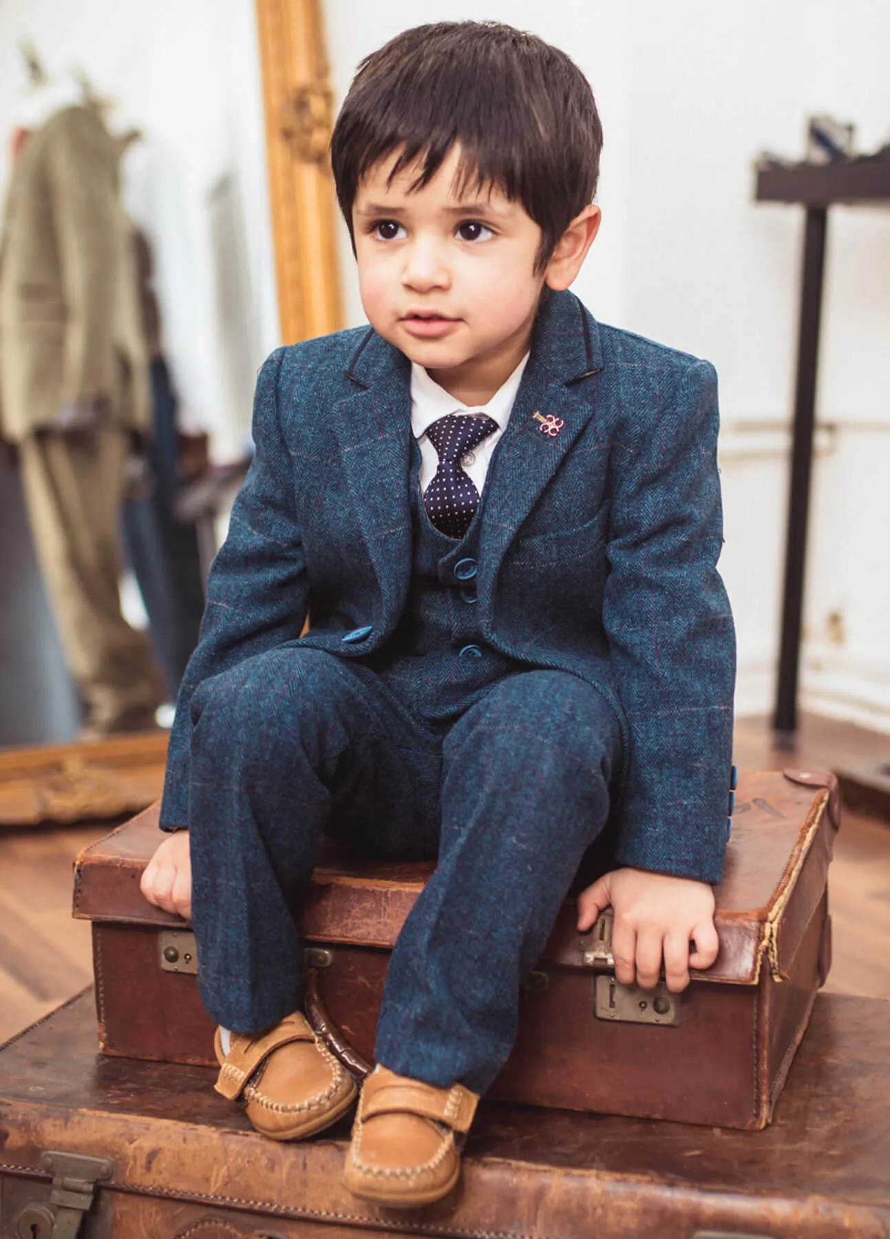 Boys Carnegi Tweed Navy Blue Suit - Luxe Range