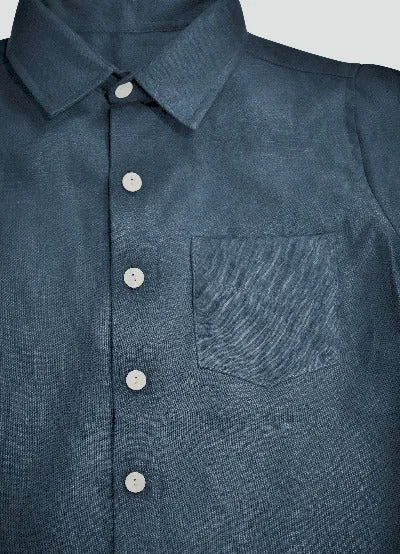 Boy's Short Sleeved Navy Blue Organic Linen Slim Fit Shirt with Shell Buttons