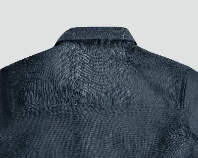 Boy's Short Sleeved Navy Blue Organic Linen Slim Fit Shirt with Shell Buttons
