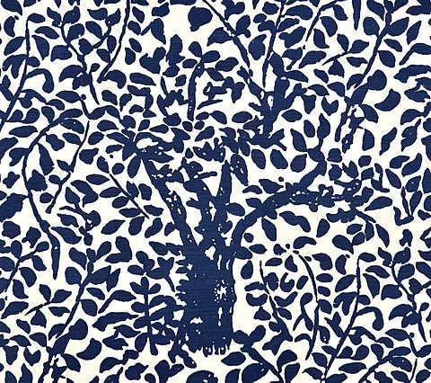 China Seas Fabric: Arbre de Matisse - Custom Navy Blue on Tinted Belgian Linen / Cotton