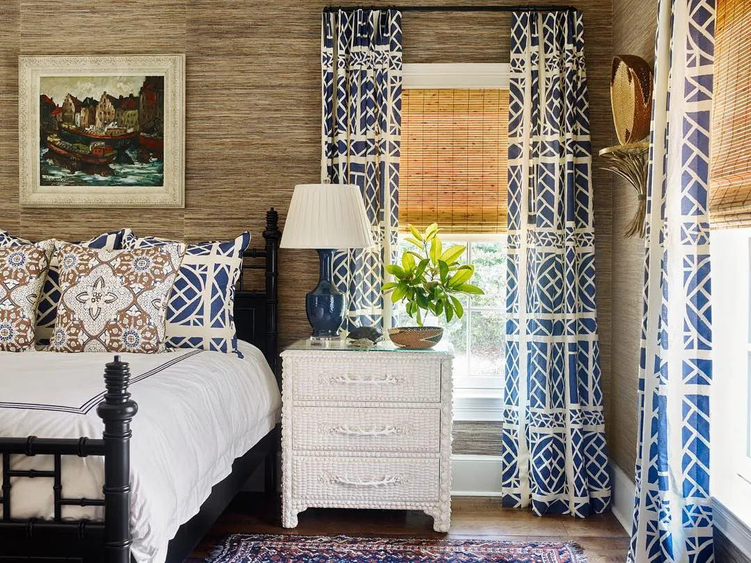 China Seas Fabric: Trellis Background - Custom Navy on Tinted Curtain-Weight Linen