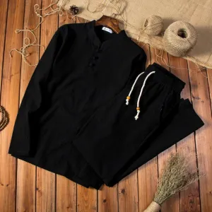 Chinese Style Casual Set Solid Color Cotton Linen Men's Long-sleeved T-shirt Trousers Two-piece