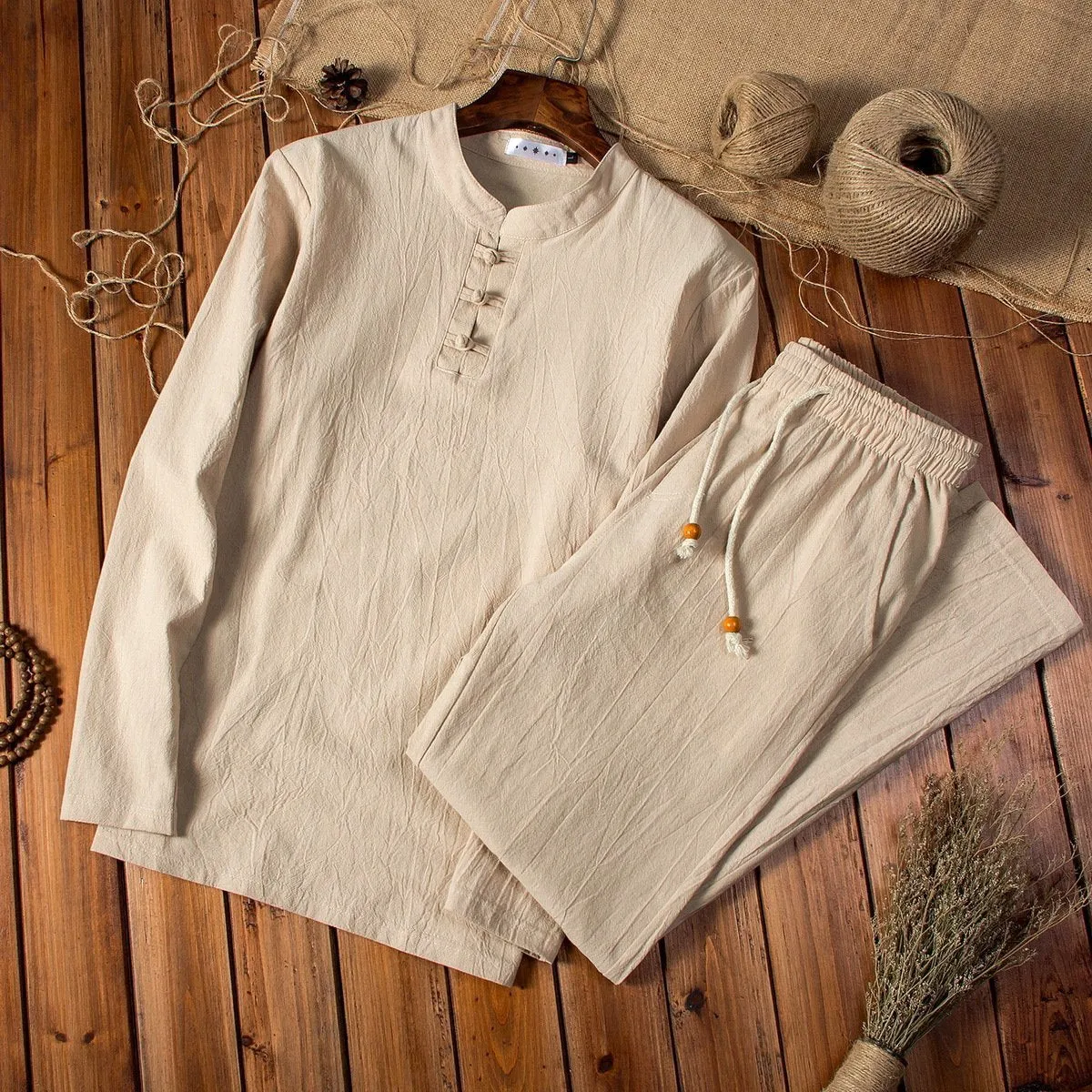 Chinese Style Casual Set Solid Color Cotton Linen Men's Long-sleeved T-shirt Trousers Two-piece