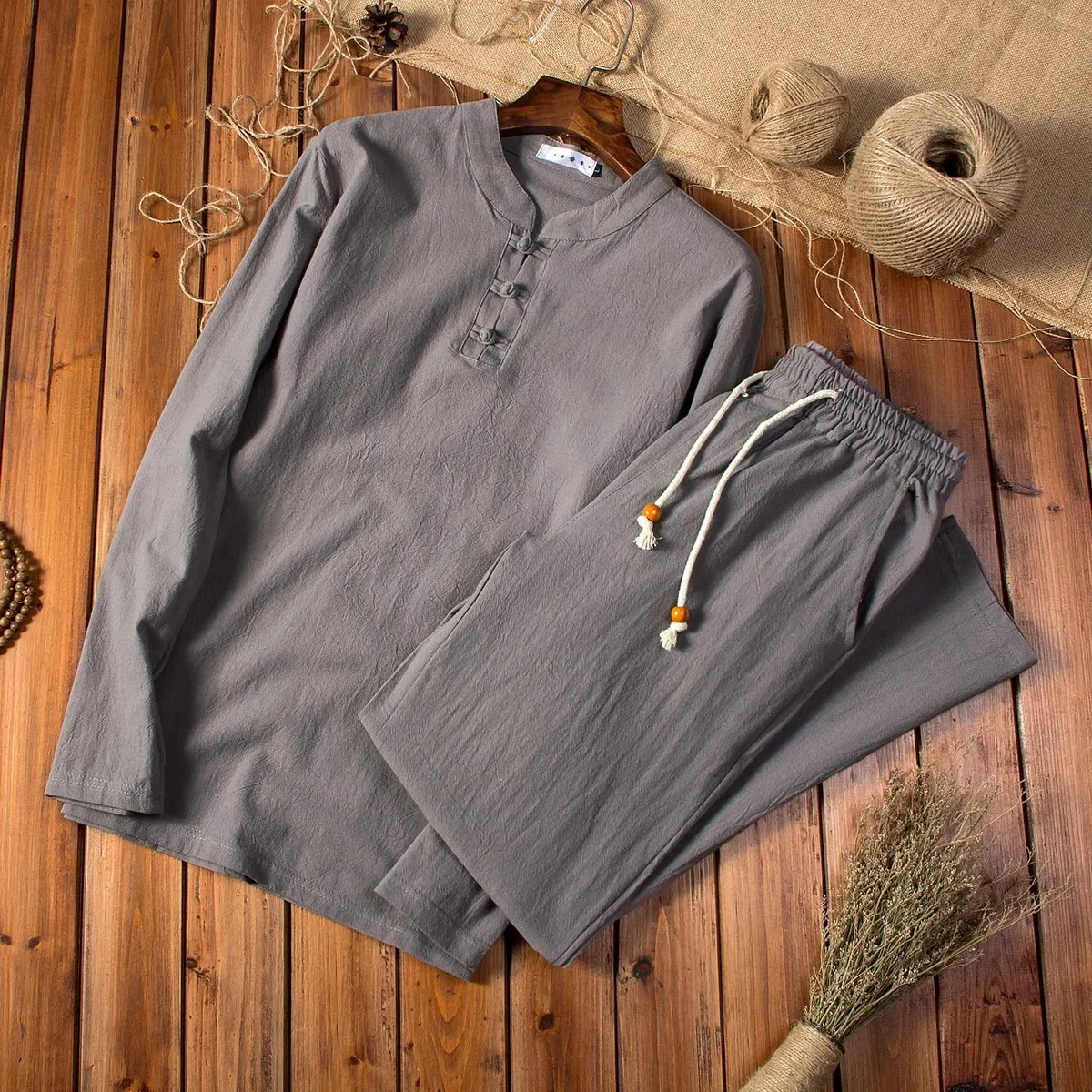 Chinese Style Casual Set Solid Color Cotton Linen Men's Long-sleeved T-shirt Trousers Two-piece