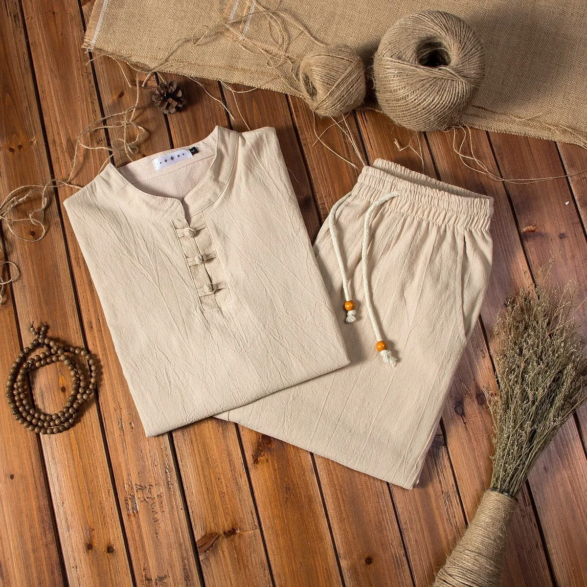 Chinese Style Casual Set Solid Color Cotton Linen Men's Long-sleeved T-shirt Trousers Two-piece