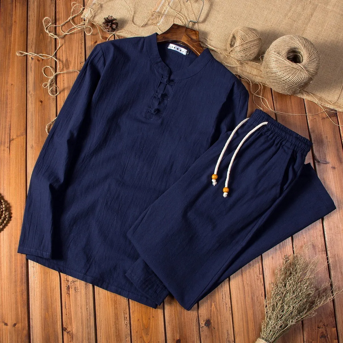 Chinese Style Casual Set Solid Color Cotton Linen Men's Long-sleeved T-shirt Trousers Two-piece