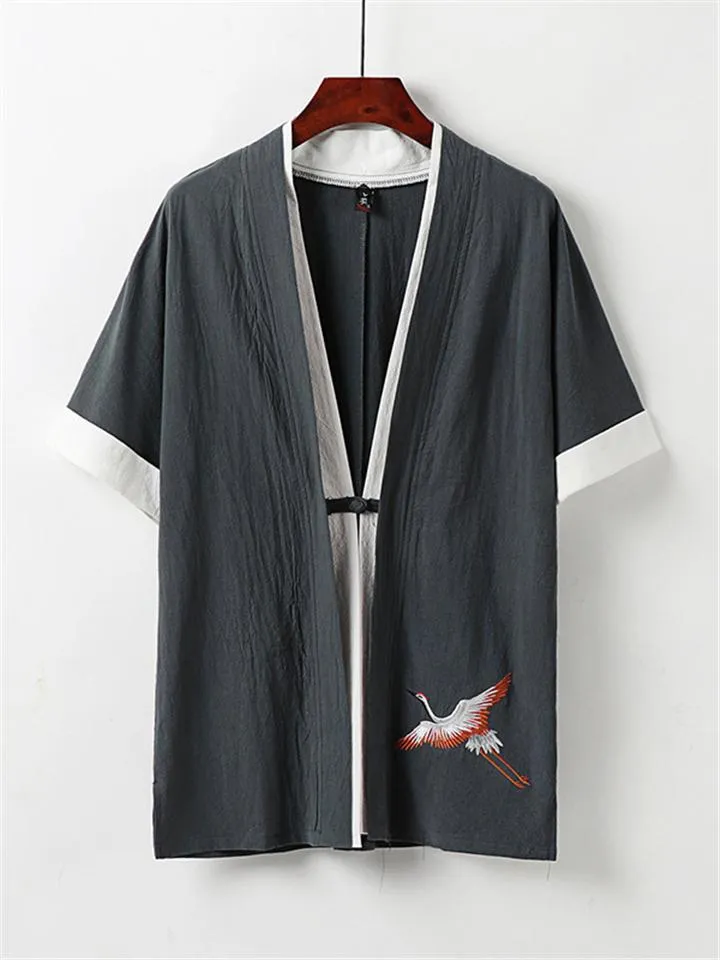 Comfy Embroidery Linen 2-Piece Contrast Color Shirt   Drawstring Full-Length Pants