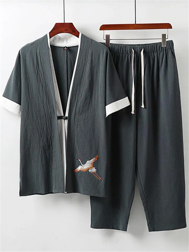 Comfy Embroidery Linen 2-Piece Contrast Color Shirt   Drawstring Full-Length Pants