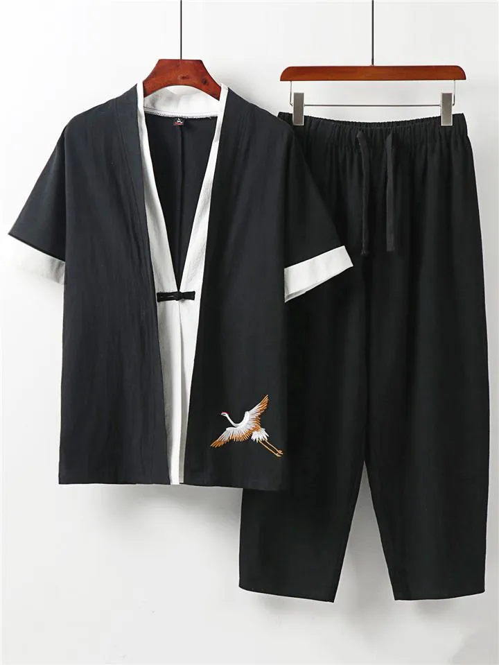 Comfy Embroidery Linen 2-Piece Contrast Color Shirt   Drawstring Full-Length Pants