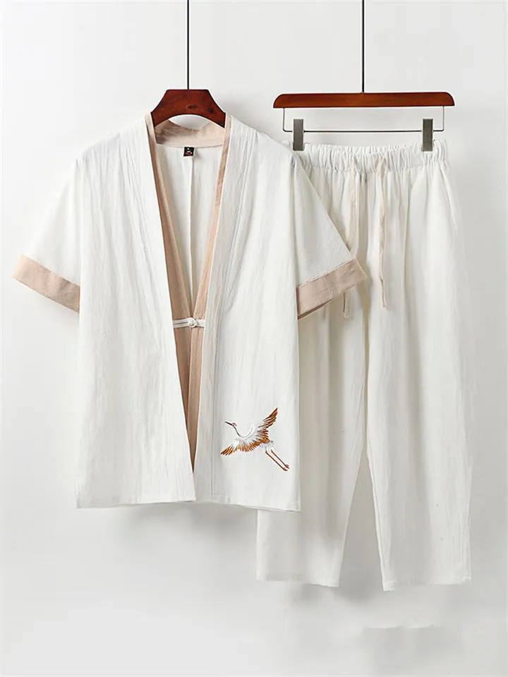 Comfy Embroidery Linen 2-Piece Contrast Color Shirt   Drawstring Full-Length Pants