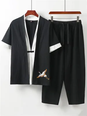 Comfy Embroidery Linen 2-Piece Contrast Color Shirt   Drawstring Full-Length Pants