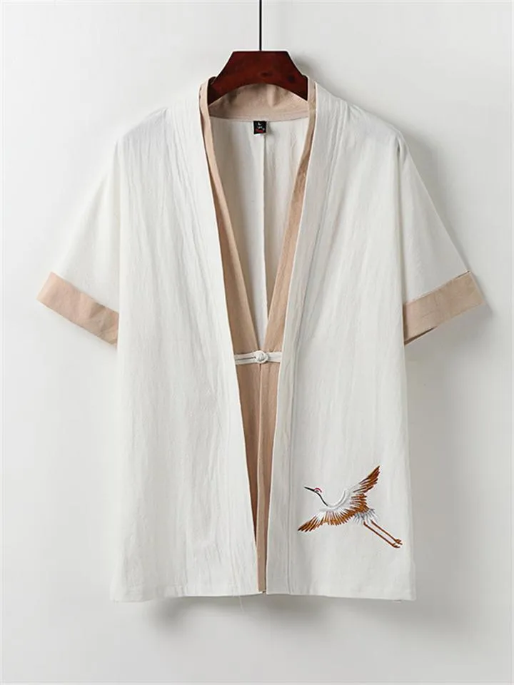 Comfy Embroidery Linen 2-Piece Contrast Color Shirt   Drawstring Full-Length Pants
