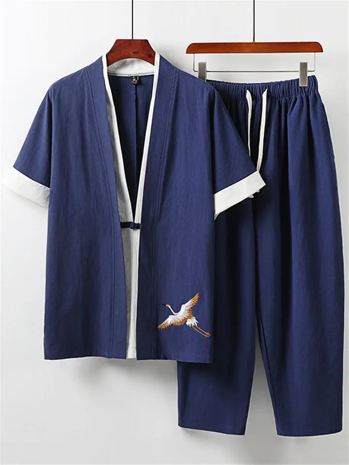 Comfy Embroidery Linen 2-Piece Contrast Color Shirt   Drawstring Full-Length Pants