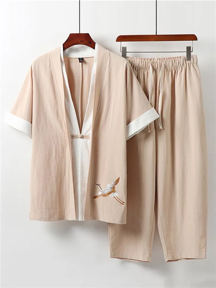 Comfy Embroidery Linen 2-Piece Contrast Color Shirt   Drawstring Full-Length Pants