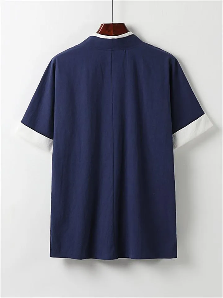Comfy Embroidery Linen 2-Piece Contrast Color Shirt   Drawstring Full-Length Pants