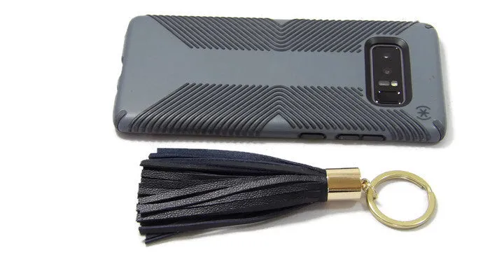 Dark Navy Blue Lambskin Leather Tassel Keychain with 14k Gold Plated Brass Top Free Gift Wrap