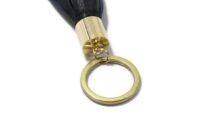 Dark Navy Blue Lambskin Leather Tassel Keychain with 14k Gold Plated Brass Top Free Gift Wrap