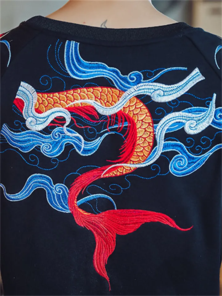 Flying Loong Embroidery Long Sleeve Round Neck Shirt