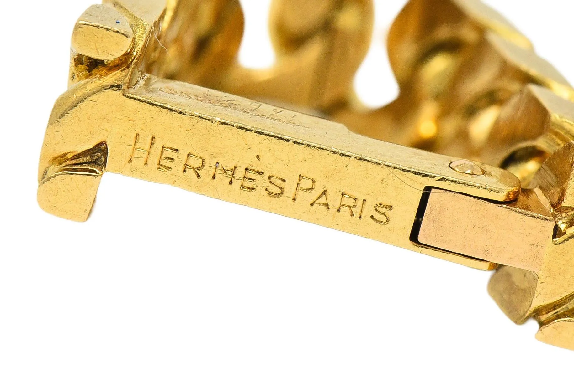 Hermès Paris 18 Karat Yellow Gold Curb Link Vintage Men's French Stirrup Cufflinks