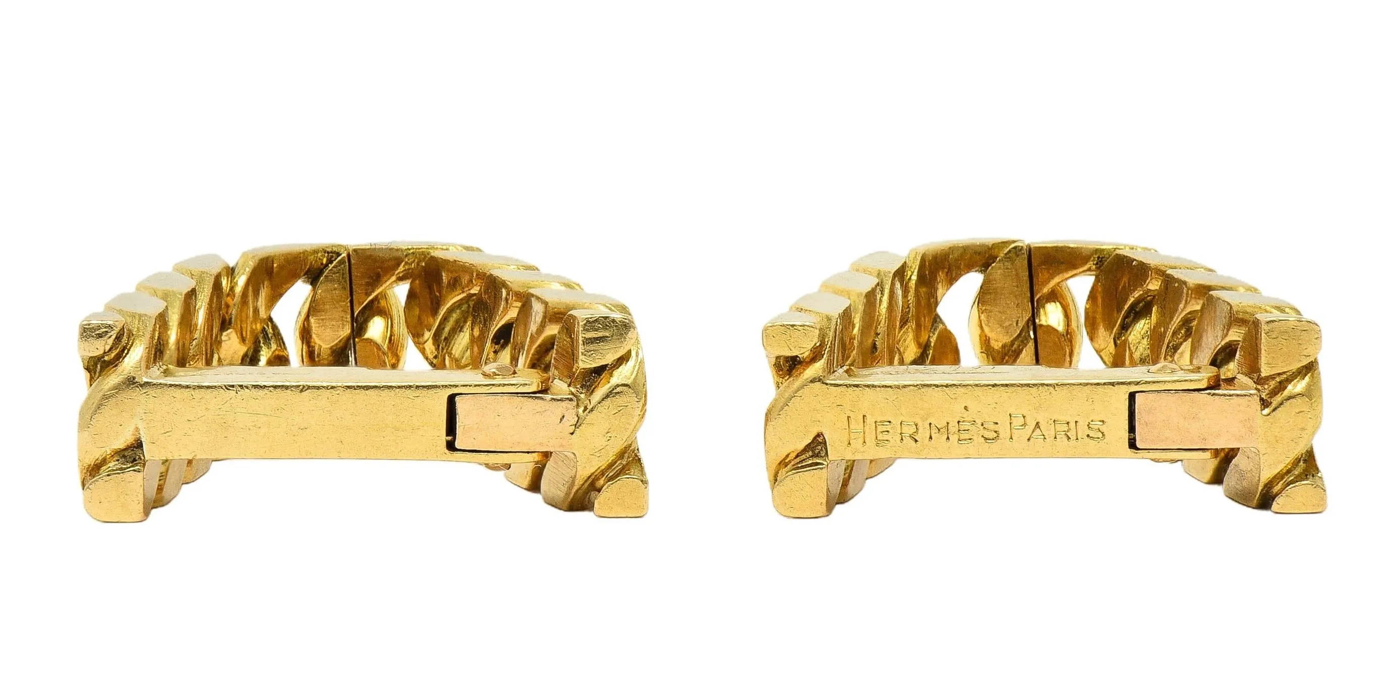 Hermès Paris 18 Karat Yellow Gold Curb Link Vintage Men's French Stirrup Cufflinks