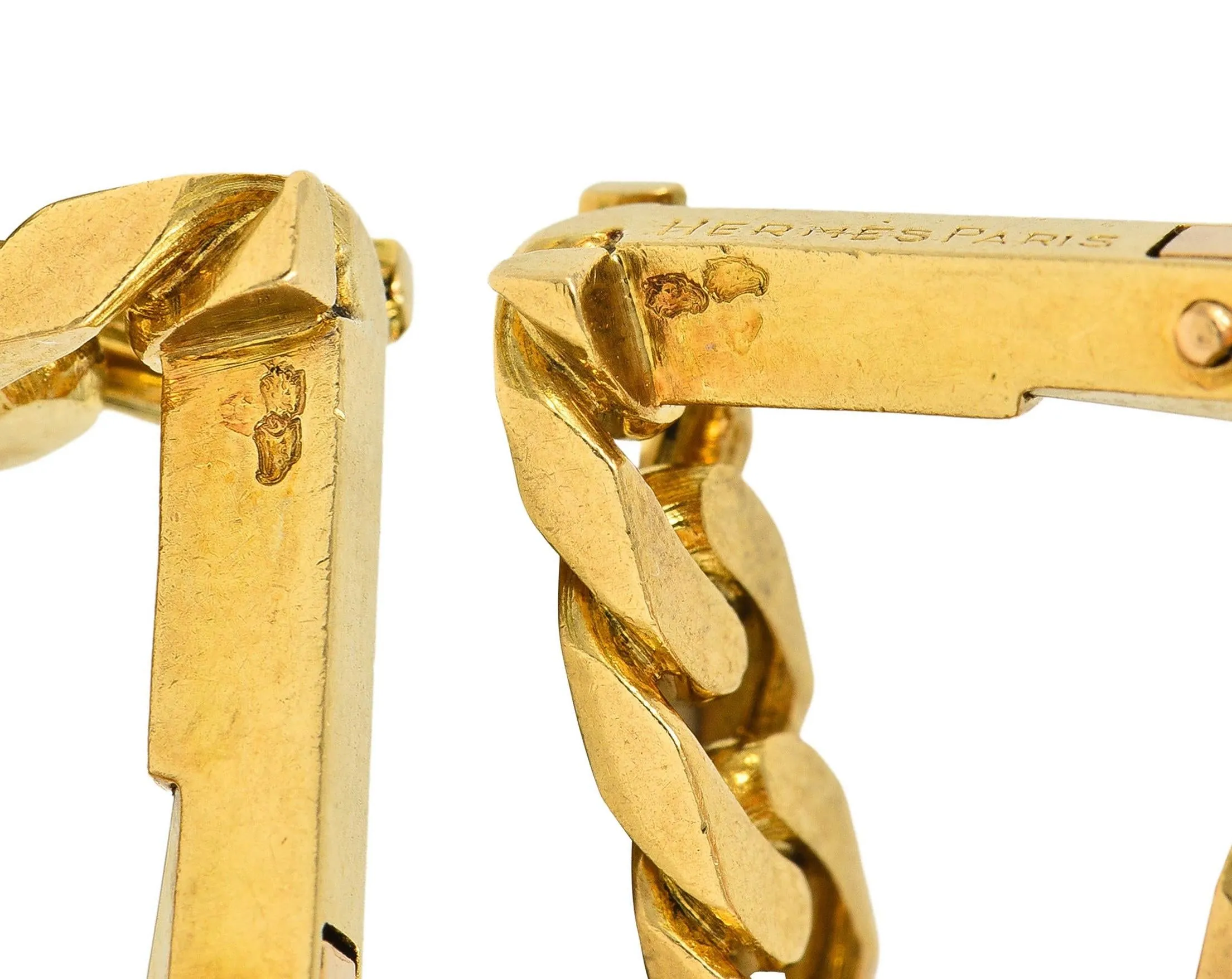 Hermès Paris 18 Karat Yellow Gold Curb Link Vintage Men's French Stirrup Cufflinks