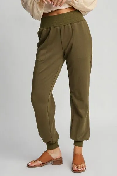 High Rise Elastic Waist Knit Joggers with Pockets