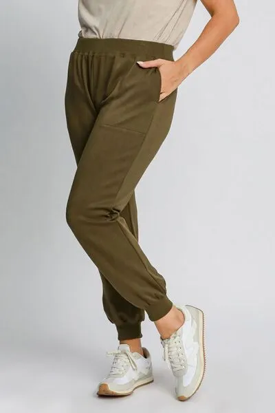 High Rise Elastic Waist Knit Joggers with Pockets