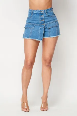 High Waisted Layered Denim Shorts With Pockets