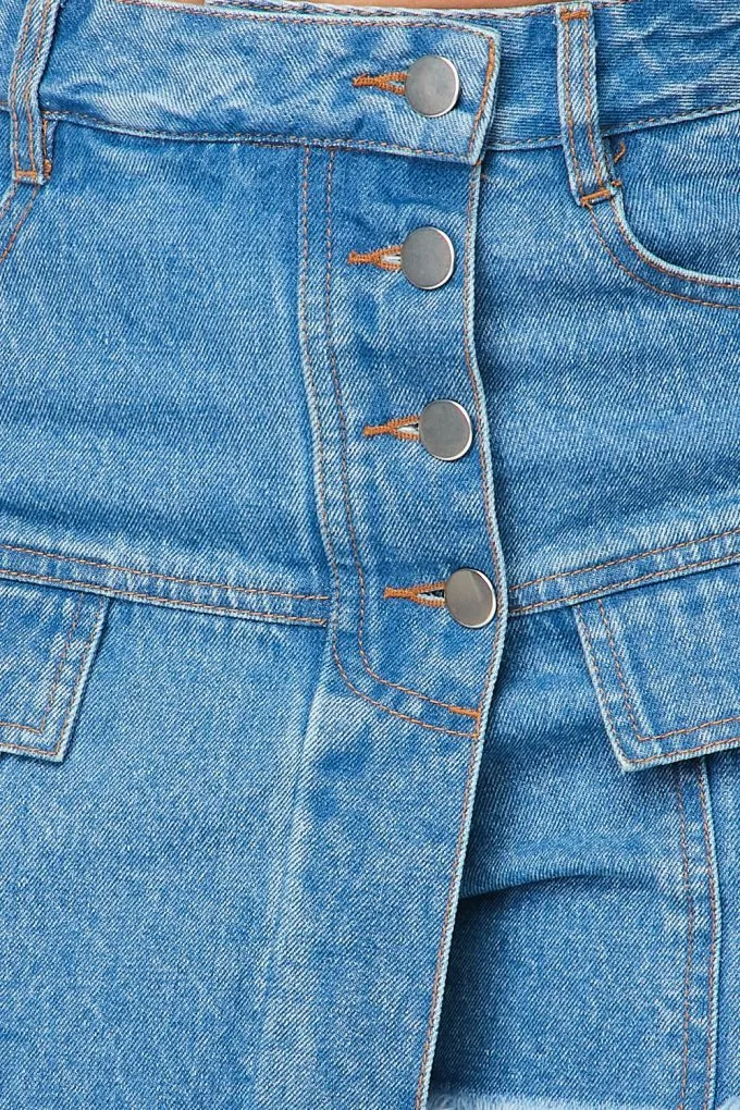 High Waisted Layered Denim Shorts With Pockets
