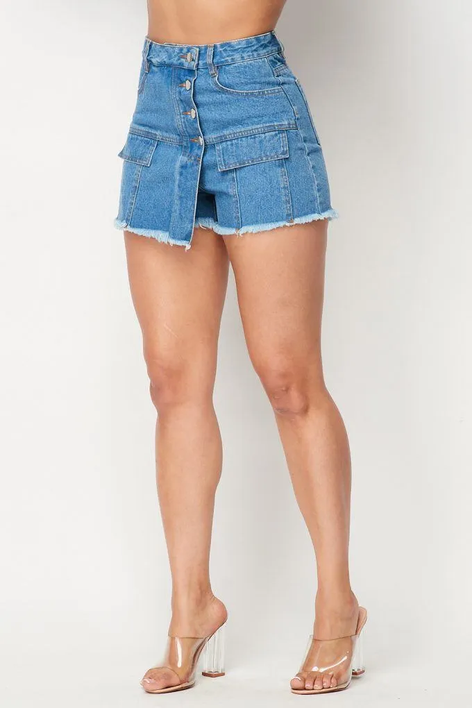 High Waisted Layered Denim Shorts With Pockets