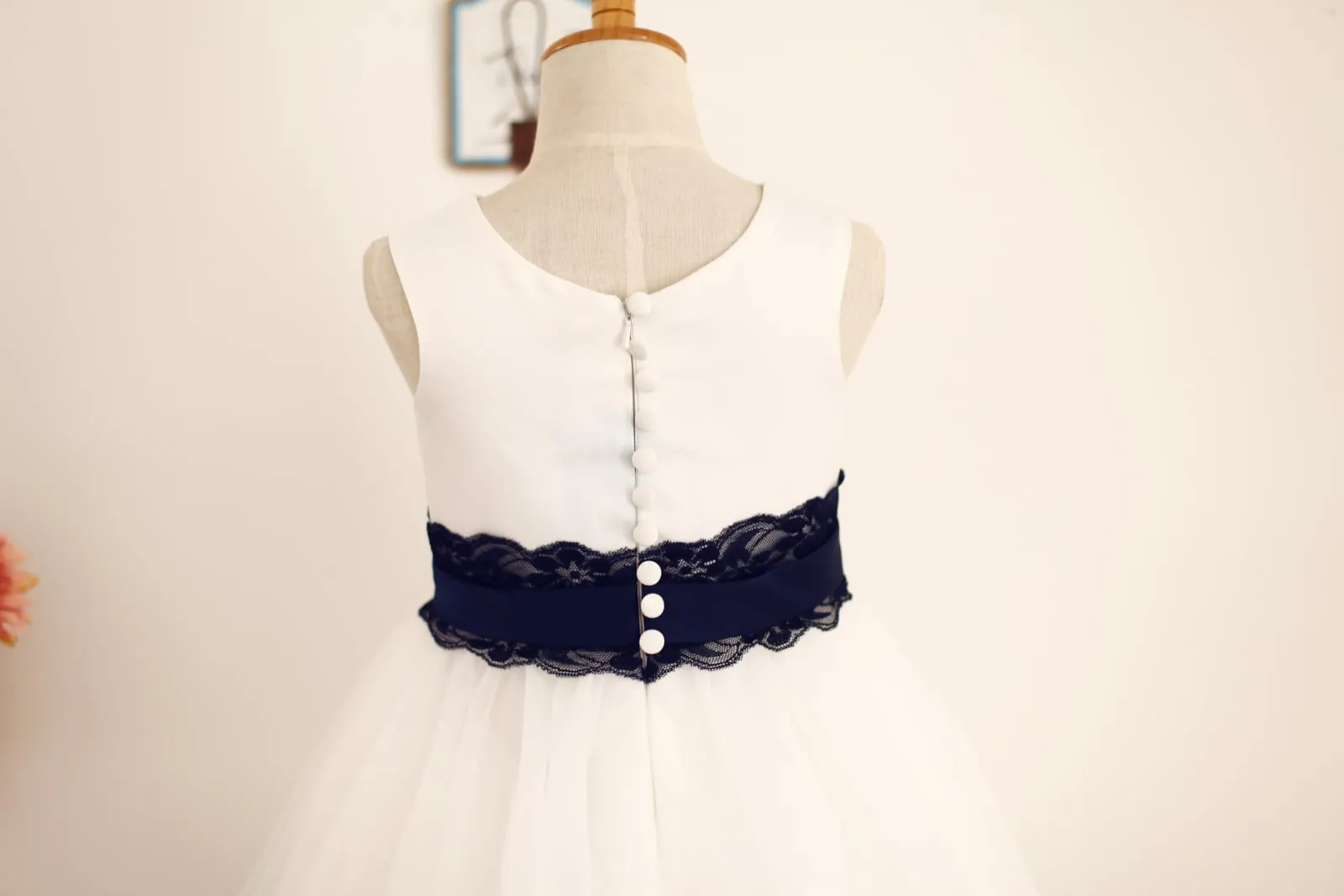 Ivory Satin Tulle Flower Girl Dress, Navy Blue Lace Sash