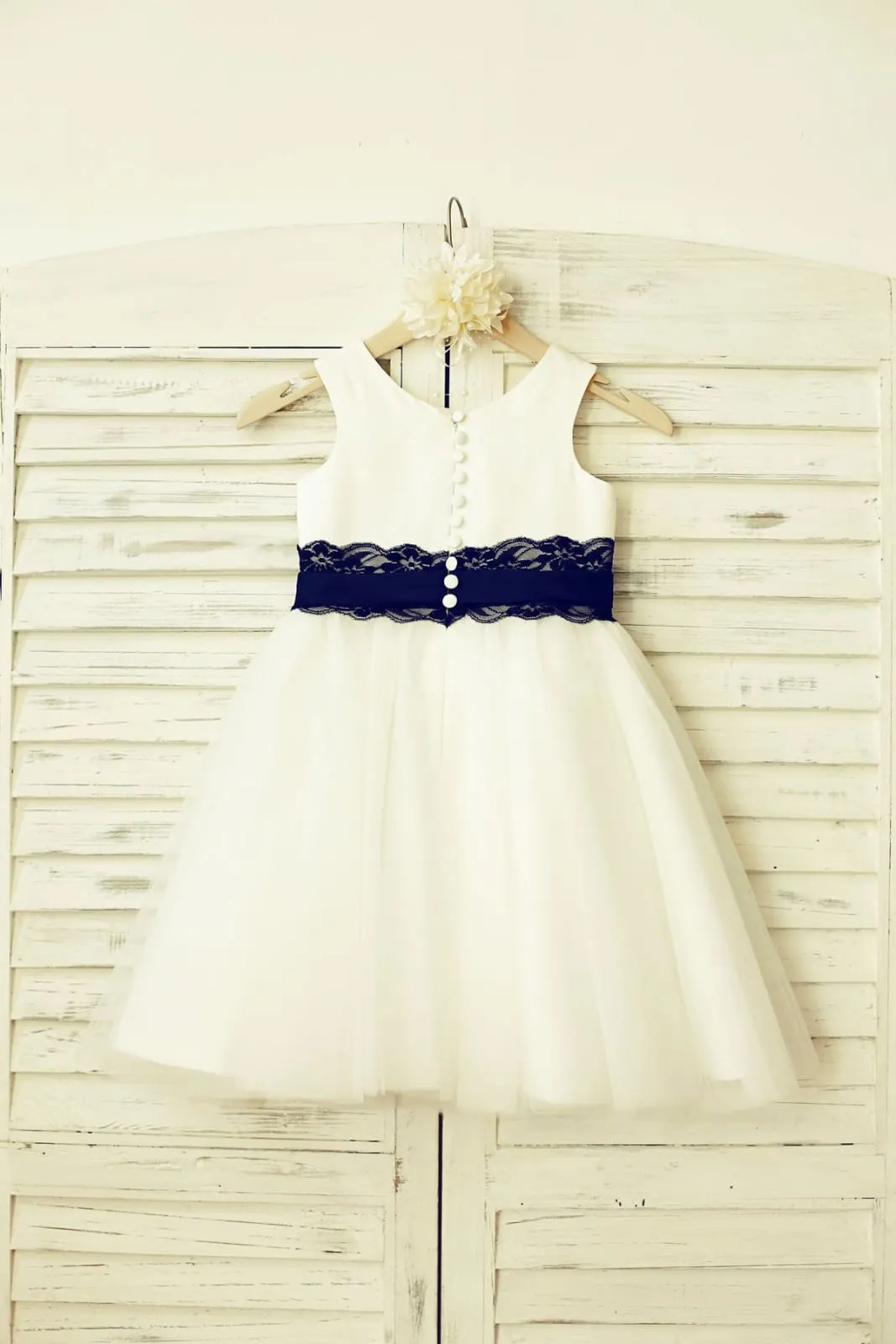 Ivory Satin Tulle Flower Girl Dress, Navy Blue Lace Sash