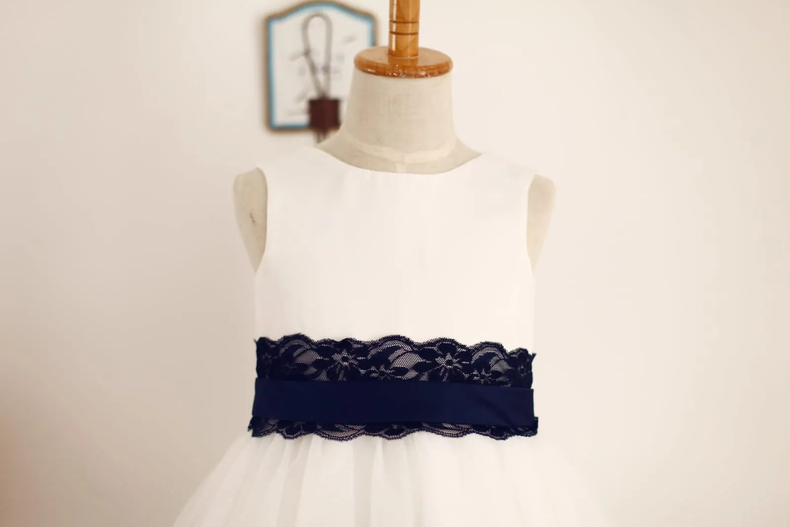 Ivory Satin Tulle Flower Girl Dress, Navy Blue Lace Sash
