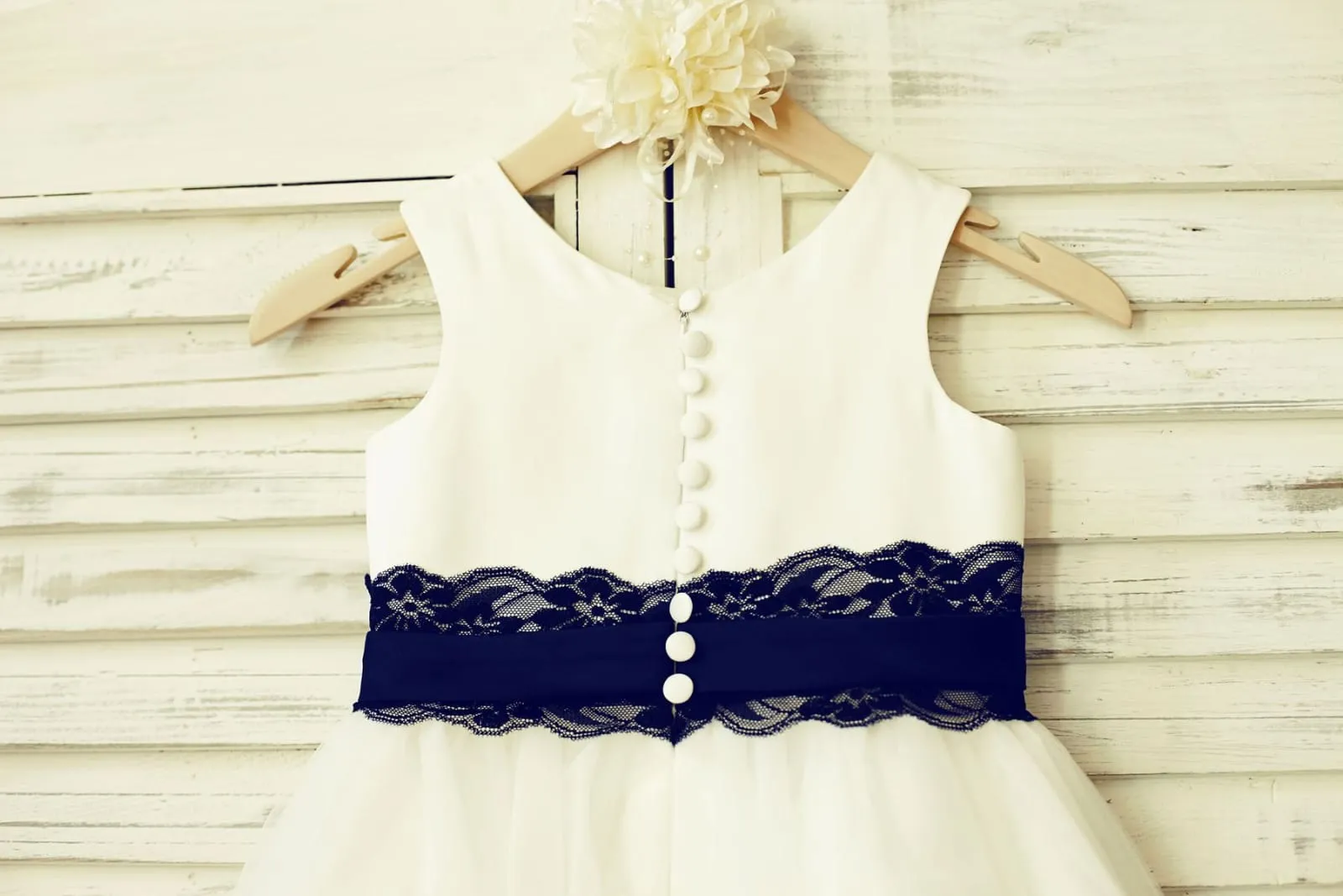 Ivory Satin Tulle Flower Girl Dress, Navy Blue Lace Sash