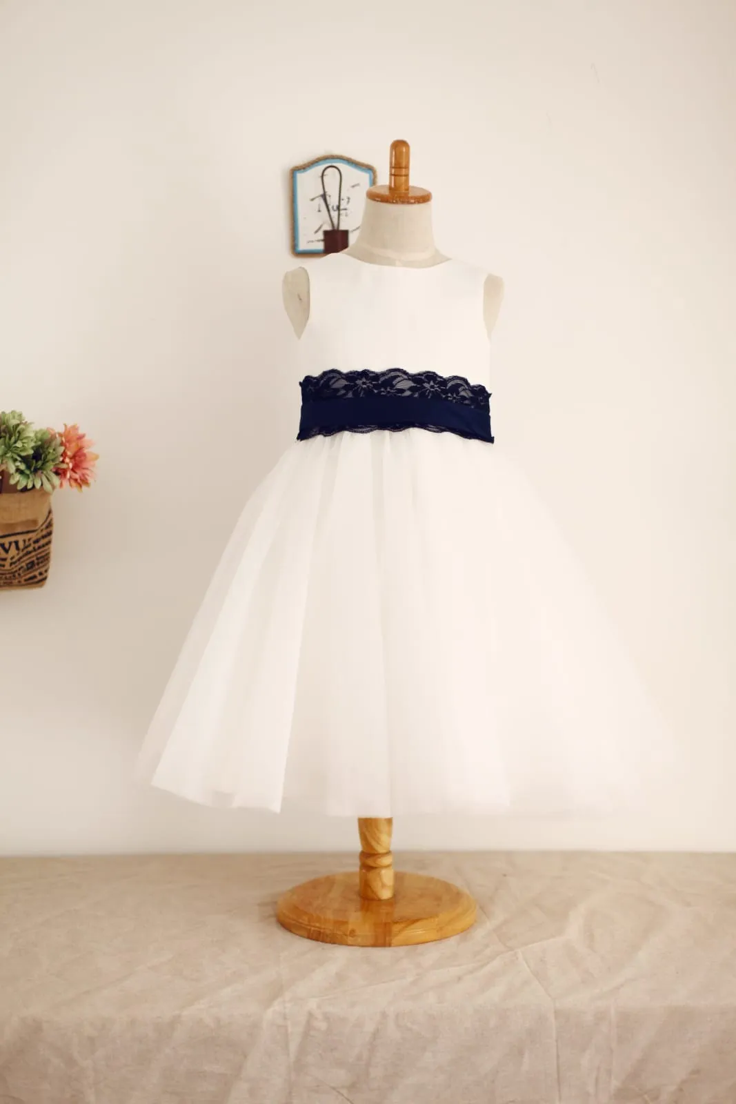 Ivory Satin Tulle Flower Girl Dress, Navy Blue Lace Sash