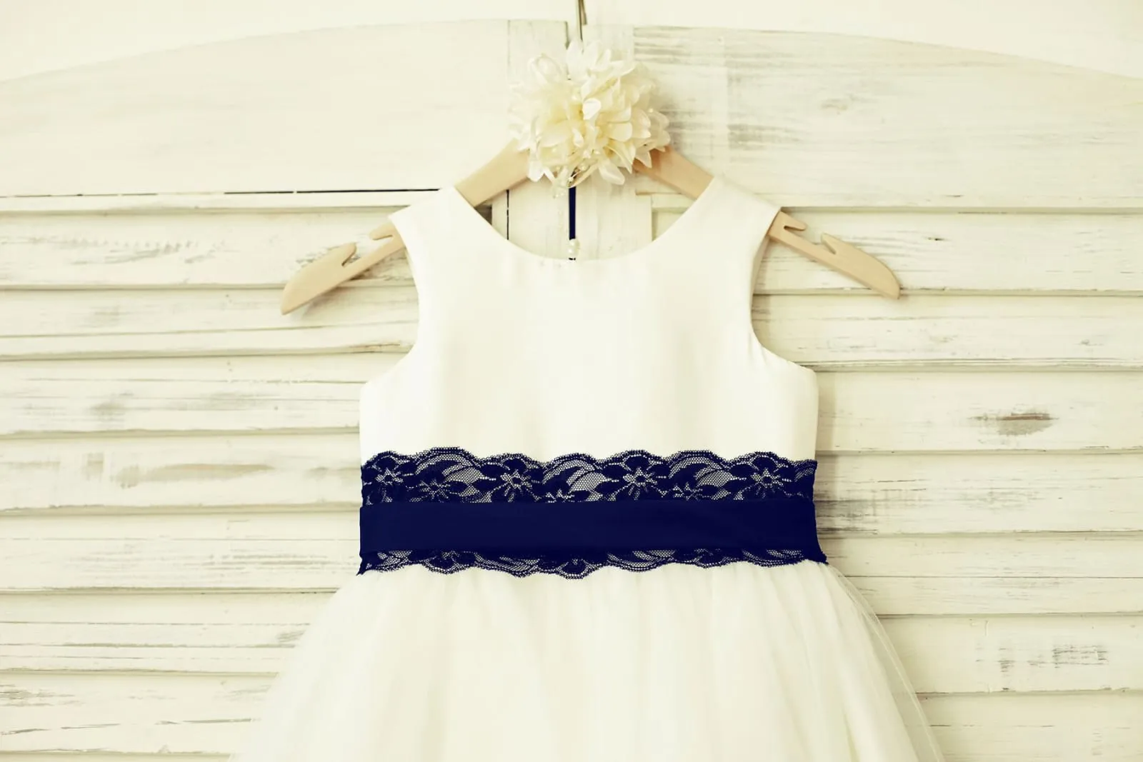 Ivory Satin Tulle Flower Girl Dress, Navy Blue Lace Sash