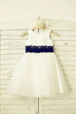 Ivory Satin Tulle Flower Girl Dress, Navy Blue Lace Sash