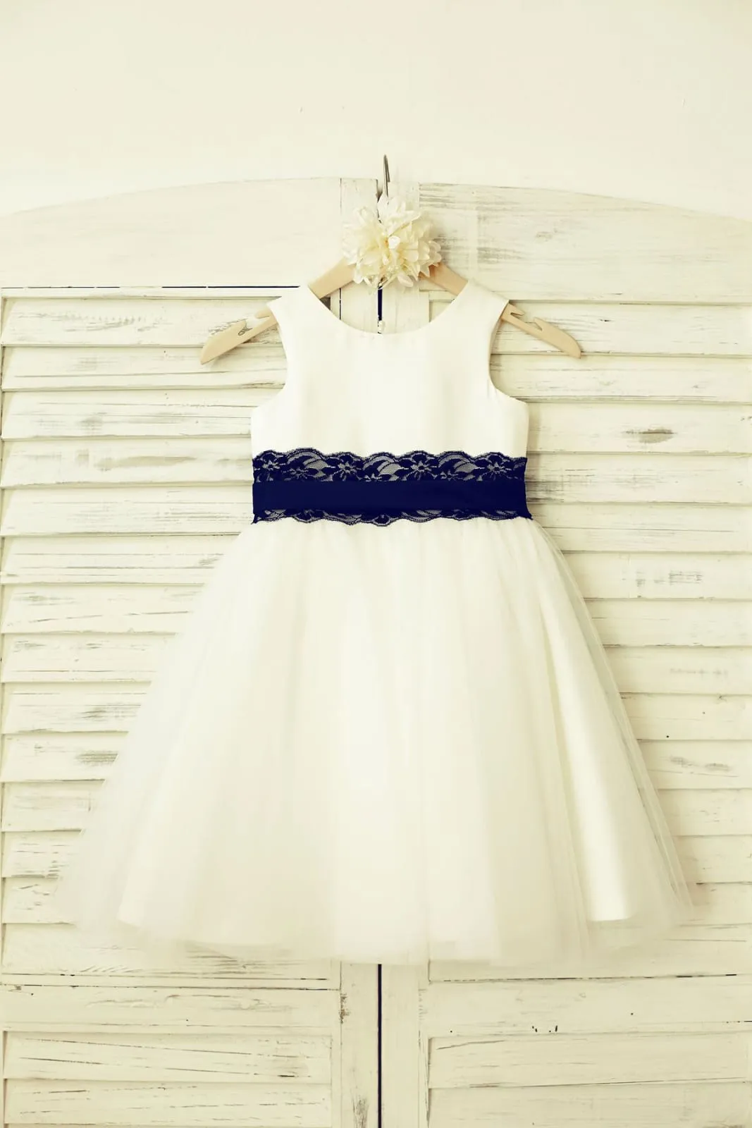 Ivory Satin Tulle Flower Girl Dress, Navy Blue Lace Sash