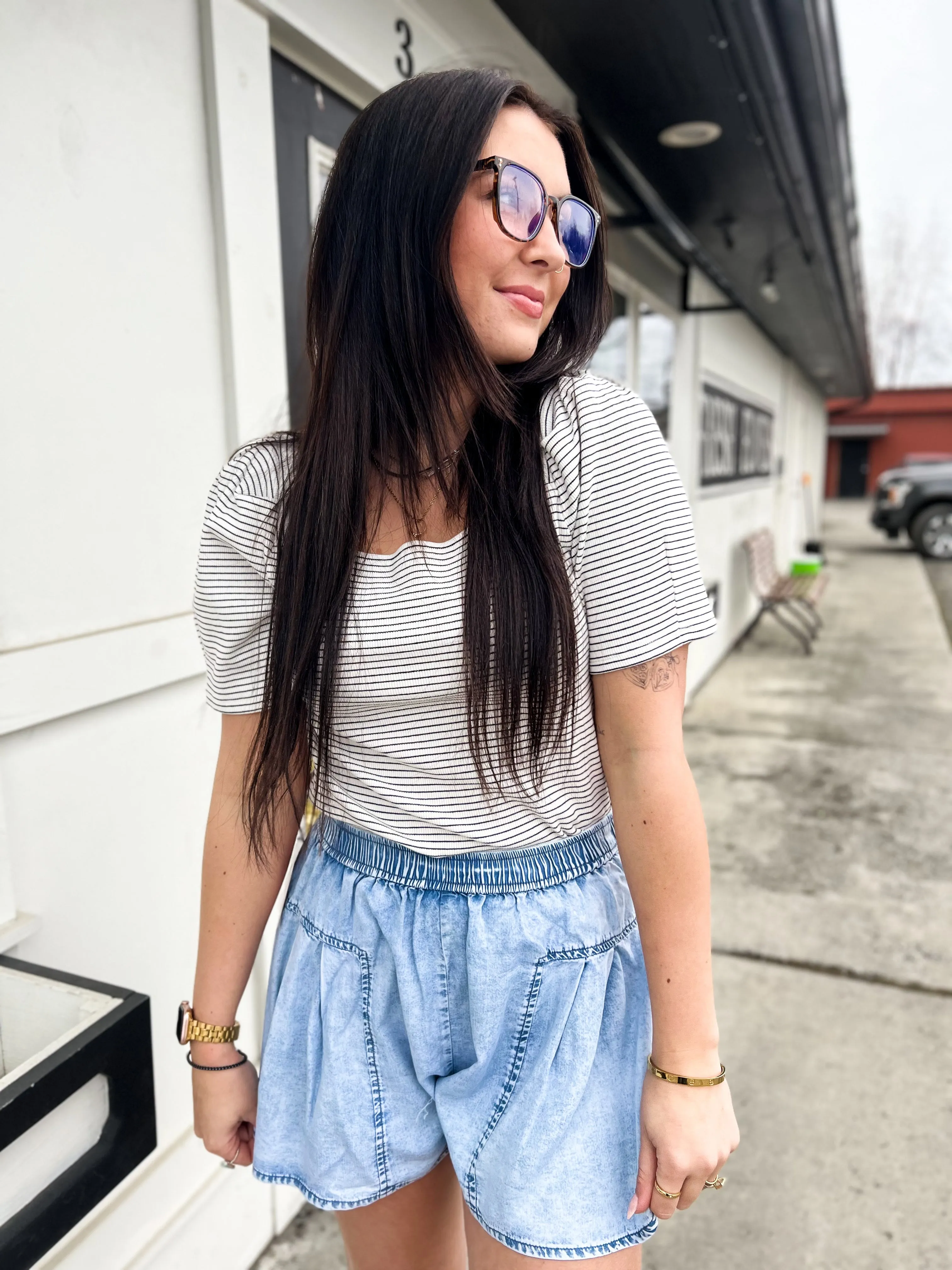 Katalina Pintuck Wide Leg Elastic Shorts- Lt. Denim
