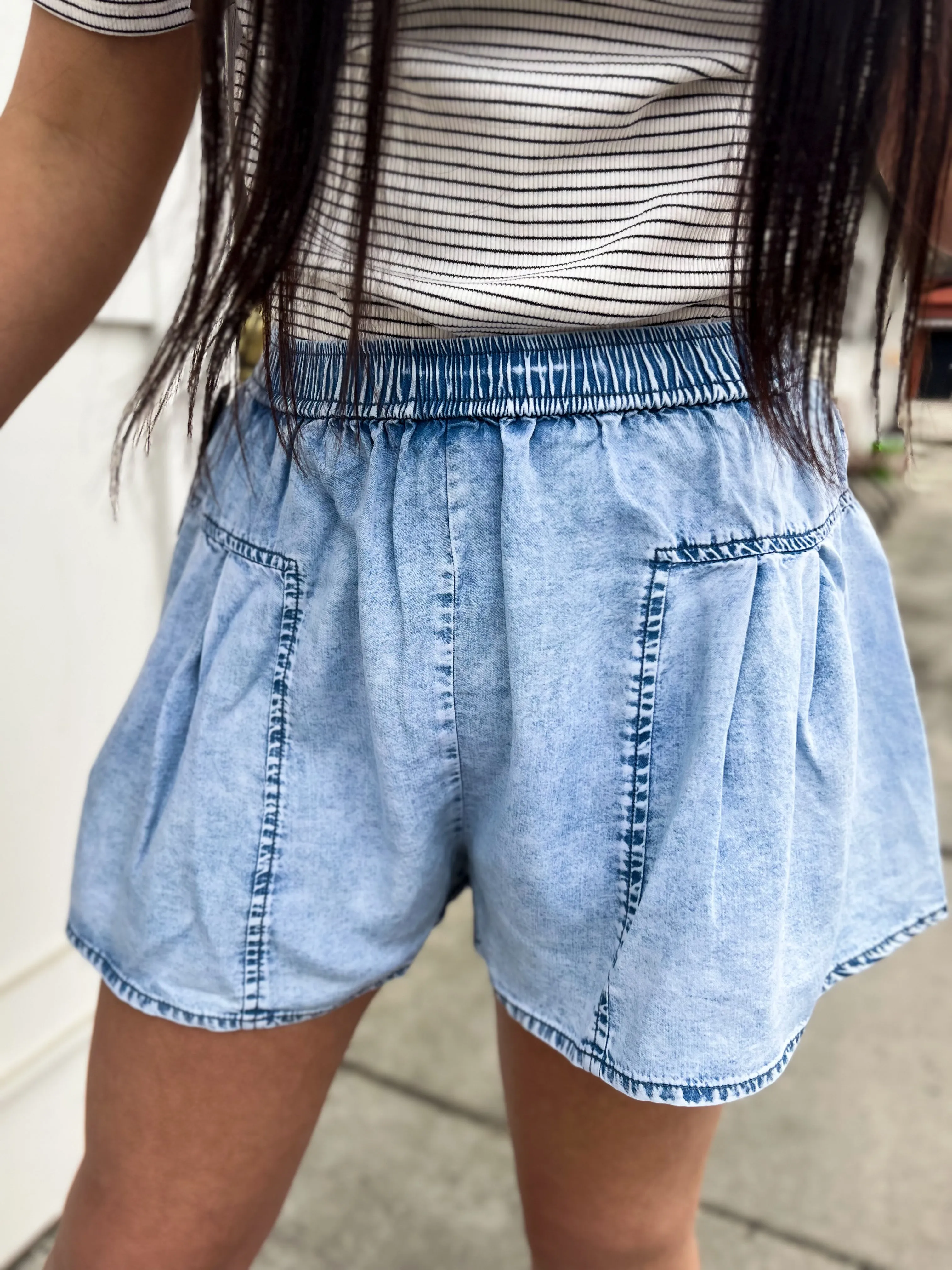 Katalina Pintuck Wide Leg Elastic Shorts- Lt. Denim