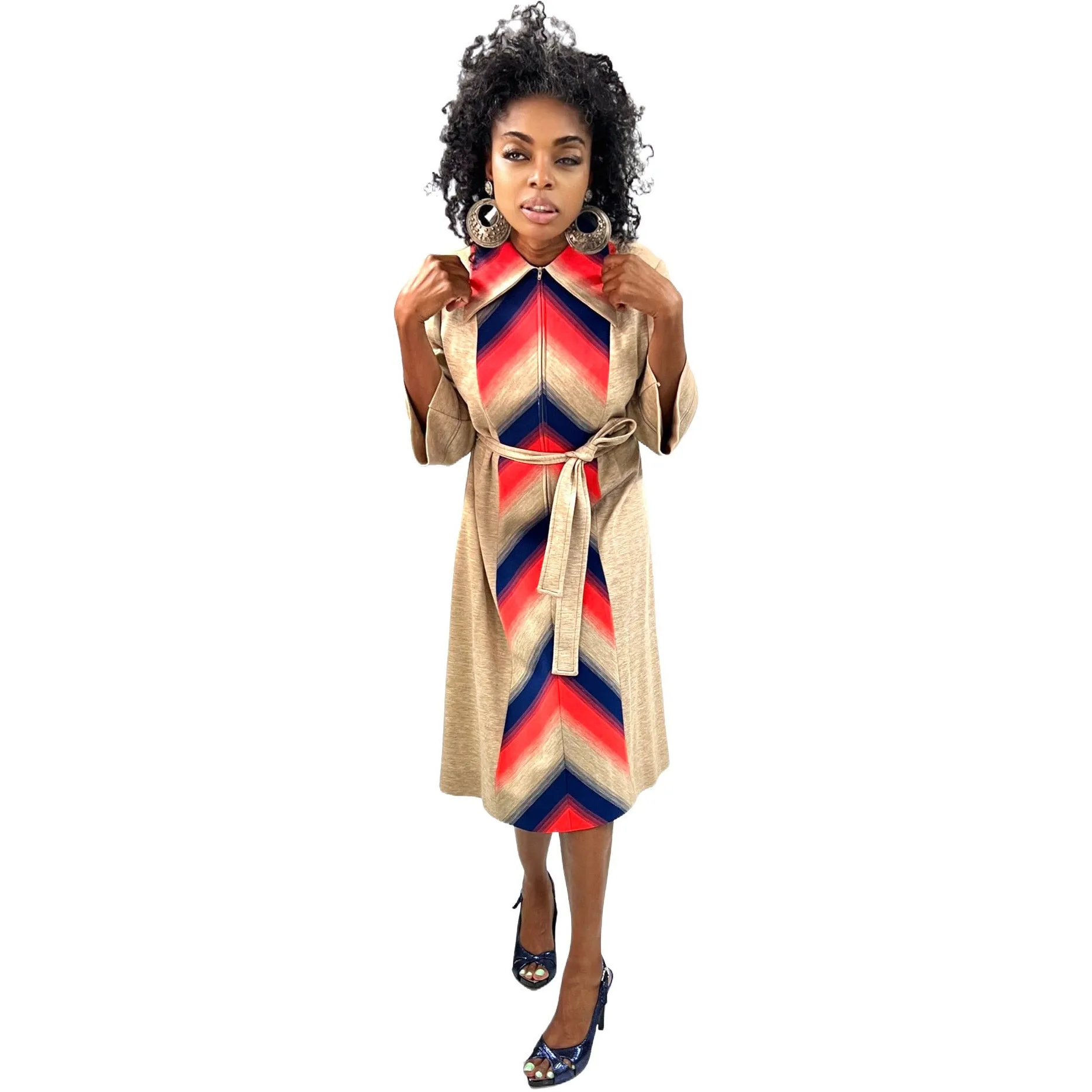 Lady Windsor (Kay Windsor) 1970s Shirt Dress NWT Chevron Pattern Red Blue Tan L
