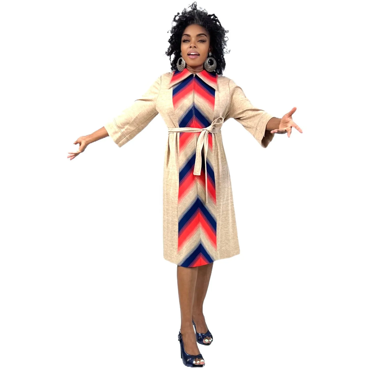 Lady Windsor (Kay Windsor) 1970s Shirt Dress NWT Chevron Pattern Red Blue Tan L